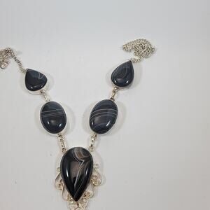 Handmade Agate Gemstone Necklace in Sterling Silver Unique Black Stripes Design